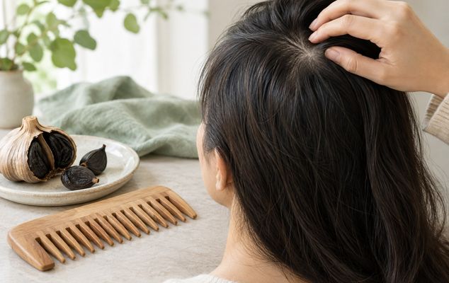 بررسی ملایم پوست سر و مو در کنار شانه چوبی و سیر سیاه