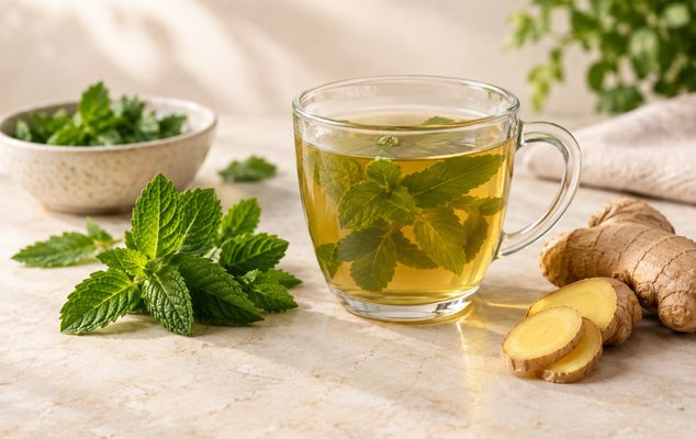 فنجان نوشیدنی گرم با نعناع و زنجبیل در فضای آرام و روشن